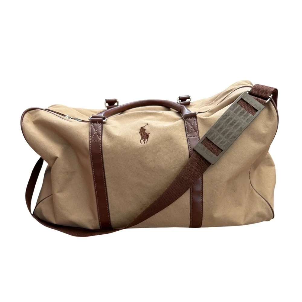 Polo Ralph Lauren Vintage Canvas Duffle Bag Tan Brown Leather Trim Weekender